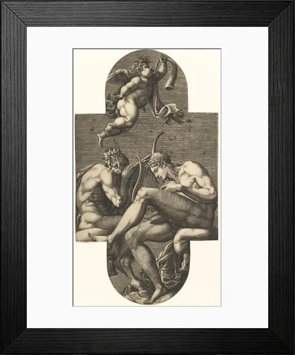 Framed Print : Apollo, Pan, and a putto blowing a horn, from a series of eight compositions after France Framed Print : Apollo, Pan, and a putto blowing a horn, from a series of eight compositions after France