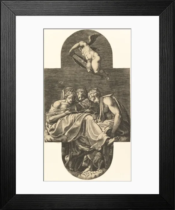 Framed Print : Three Muses and a putto above with a lyre, from a series of eight compositions after Fran Framed Print : Three Muses and a putto above with a lyre, from a series of eight compositions after Fran