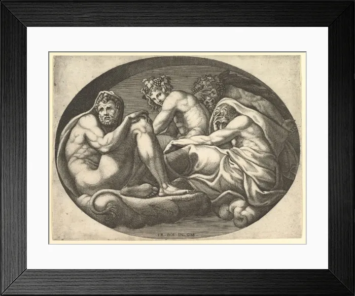 Framed Print : Hercules, Bacchus, Pan, and Saturn, from a series of eight compositions after Francesco P Framed Print : Hercules, Bacchus, Pan, and Saturn, from a series of eight compositions after Francesco P