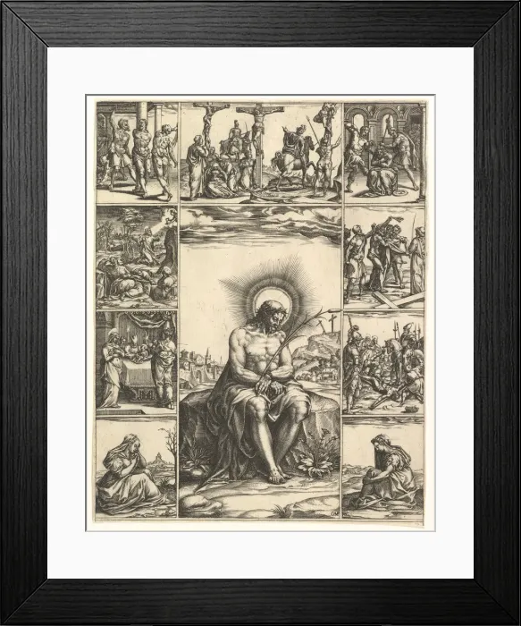 Framed Print : The Man of Sorrows; an image of Christ surrounded by nine vignettes depicting scenes of Framed Print : The Man of Sorrows; an image of Christ surrounded by nine vignettes depicting scenes of