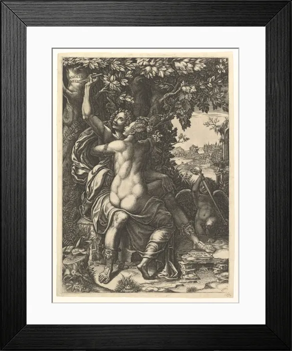 Framed Print : Angelica and Medoro; the couple embracing, Medoro carving their names in the bark of a Framed Print : Angelica and Medoro; the couple embracing, Medoro carving their names in the bark of a