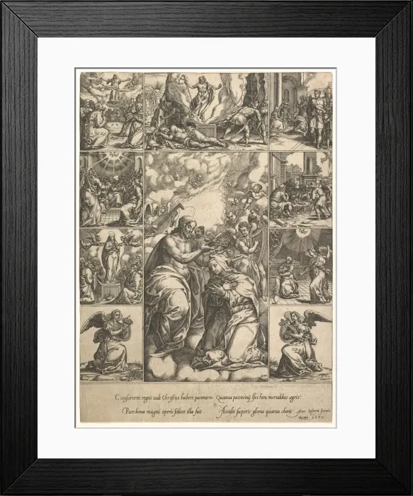 Framed Print : The Coronation of the Virgin; surrounded by nine vignettes with scenes from the life of Framed Print : The Coronation of the Virgin; surrounded by nine vignettes with scenes from the life of