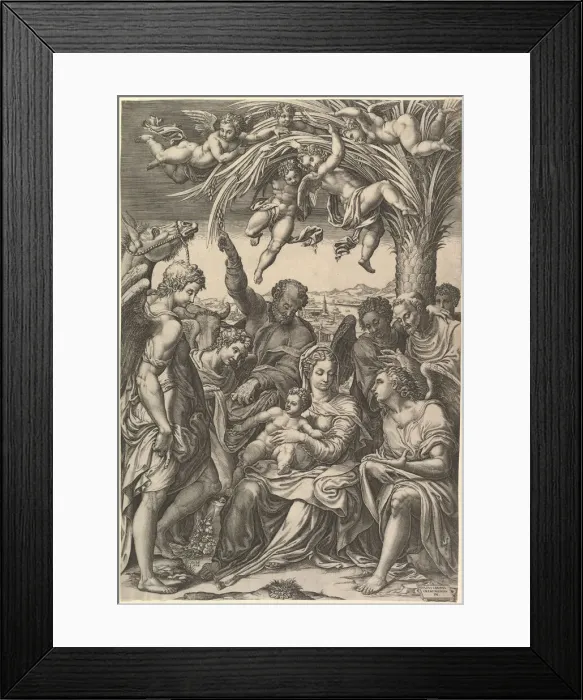 Framed Print : Rest on the Flight into Egypt; the Holy Family under a palm tree surrounded by angels Framed Print : Rest on the Flight into Egypt; the Holy Family under a palm tree surrounded by angels