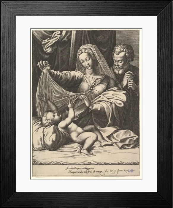 Framed Print : Madonna of Loreto, the Virgin lifts a veil above the Child, who lies on a bed and pillow Framed Print : Madonna of Loreto, the Virgin lifts a veil above the Child, who lies on a bed and pillow