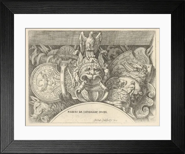 Framed Print : Plate 4: trophies of Roman arms from decorations above the windows on the second floor Framed Print : Plate 4: trophies of Roman arms from decorations above the windows on the second floor