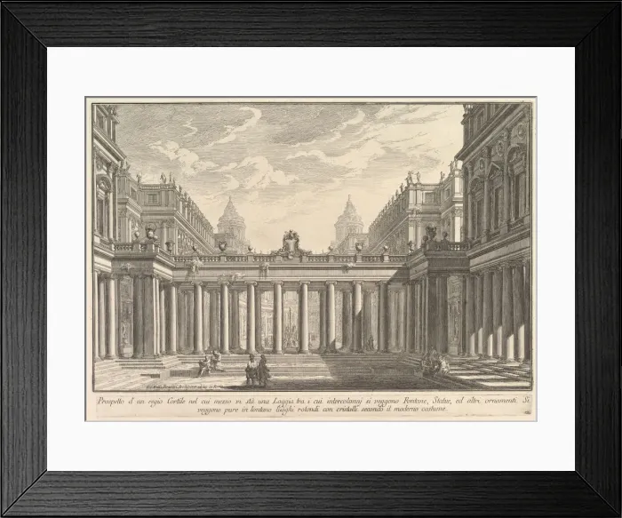 Framed Print : View of a courtyard with a loggia, fountains, statues, and other ornaments (Prospetto Framed Print : View of a courtyard with a loggia, fountains, statues, and other ornaments (Prospetto