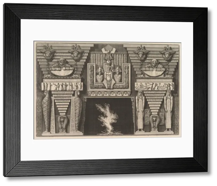 Framed Print : Chimneypiece in the Egyptian style: Two mummies in profile on the left and two figures Framed Print : Chimneypiece in the Egyptian style: Two mummies in profile on the left and two figures
