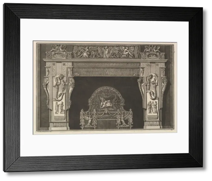 Framed Print : Chimneypiece: Frieze of trophies and winged Victories on the lintel, with cornucopias Framed Print : Chimneypiece: Frieze of trophies and winged Victories on the lintel, with cornucopias