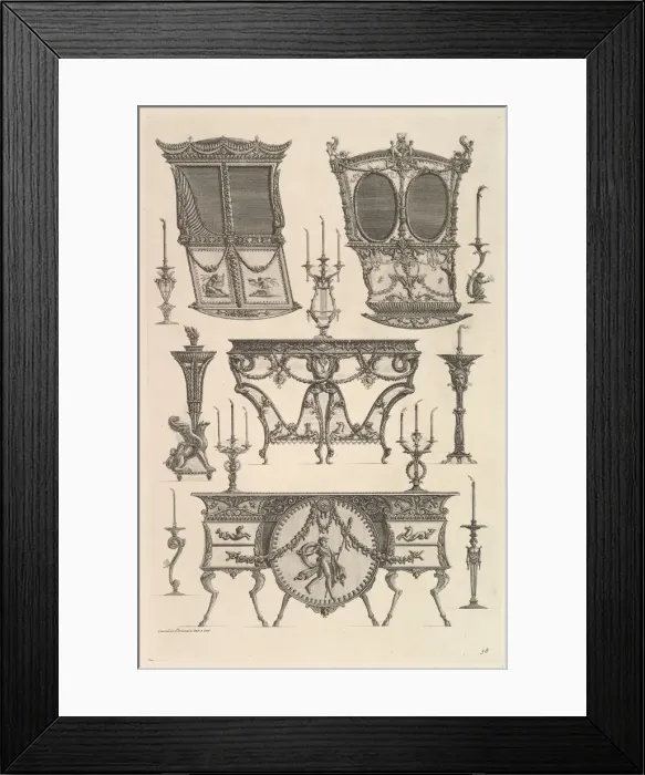 Framed Print : Miscellaneous furniture including two sedan chairs, a side table and a commode (Deux c Framed Print : Miscellaneous furniture including two sedan chairs, a side table and a commode (Deux c