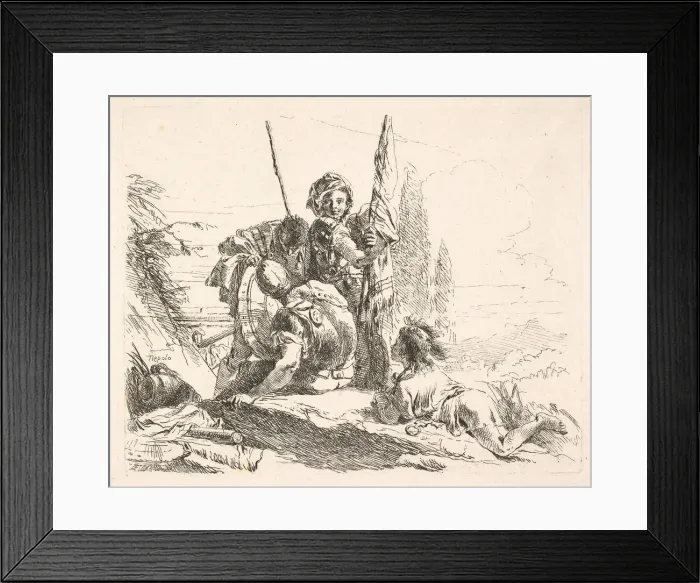 Framed Print : Three soldiers and a youth lying on his abdomen in a landscape, the soldiers bear a Framed Print : Three soldiers and a youth lying on his abdomen in a landscape, the soldiers bear a