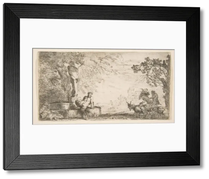 Framed Print : A satyr reclining at the foot of a staute of Priapus, goats at the right, ca. 1645-48 Framed Print : A satyr reclining at the foot of a staute of Priapus, goats at the right, ca. 1645-48