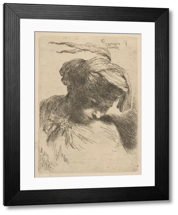 Framed Print : Young man looking down to right, from the series of Small Heads in Oriental Headdr Framed Print : Young man looking down to right, from the series of Small Heads in Oriental Headdr