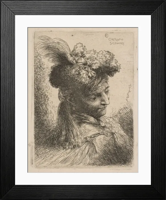 Framed Print : Young man facing three quaters right wearing a fur headdress with a plume, jewel an Framed Print : Young man facing three quaters right wearing a fur headdress with a plume, jewel an