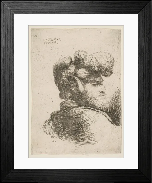 Framed Print : Man in profile facing right, wearing a fur hat, from series of Small Heads in Or... ca Framed Print : Man in profile facing right, wearing a fur hat, from series of Small Heads in Or... ca