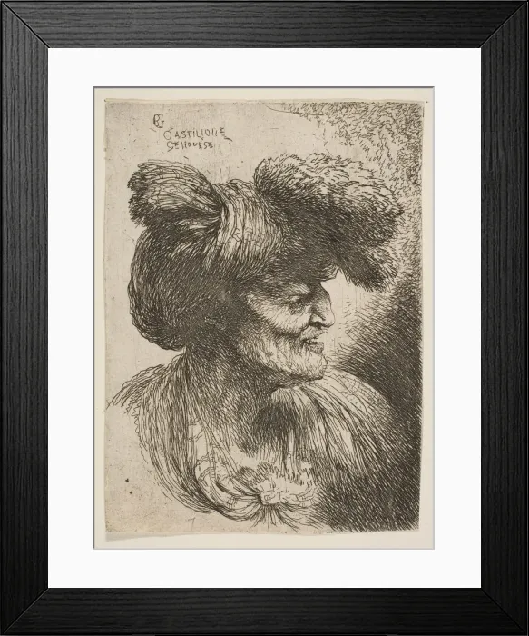 Framed Print : Bust of beardless old man in profile facing right, from the series of Small Head... ca