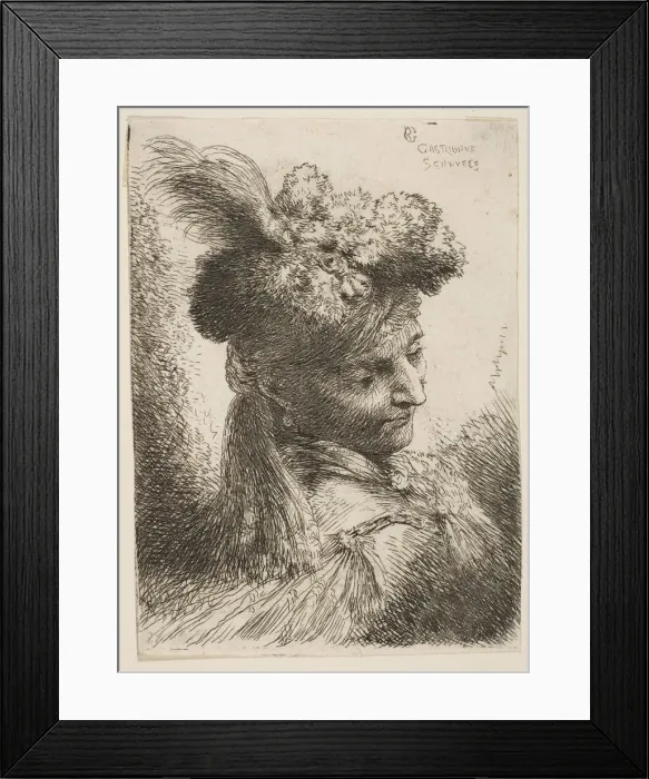 Framed Print : Young man facing three quaters right wearing a fur headdress with a plume, jewel... ca Framed Print : Young man facing three quaters right wearing a fur headdress with a plume, jewel... ca