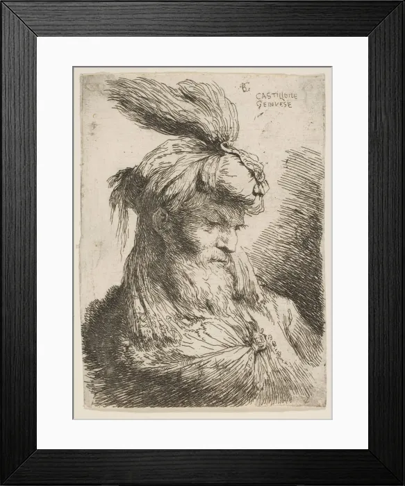 Framed Print : Head of a bearded man with a turban facing right, from the series of Small Heads... ca