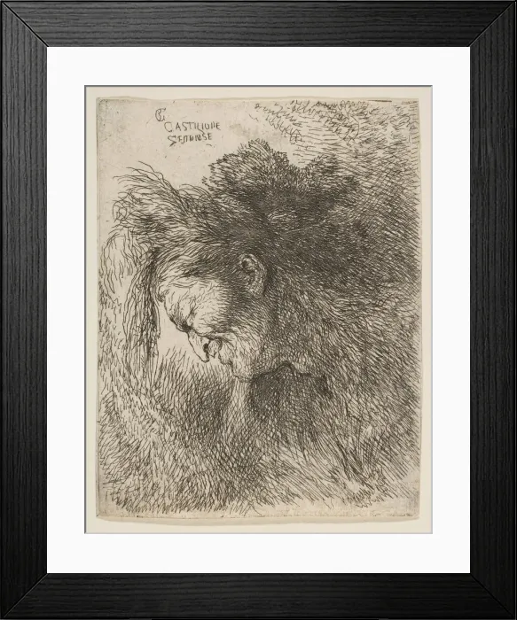 Framed Print : Head of an old man looking down, facing Left, from the series of Small Heads in... ca