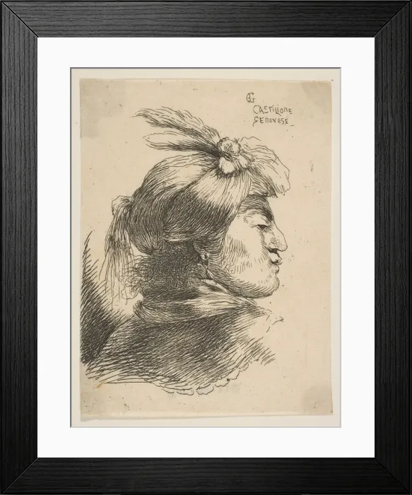 Framed Print : Man wearing a small turban Oonamented with plumes and ribbon, facing right, from... ca Framed Print : Man wearing a small turban Oonamented with plumes and ribbon, facing right, from... ca