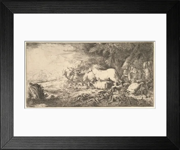 Framed Print : Entry of the animals into Noahs ark, three men follow quadrupeds and birds stridin Framed Print : Entry of the animals into Noahs ark, three men follow quadrupeds and birds stridin