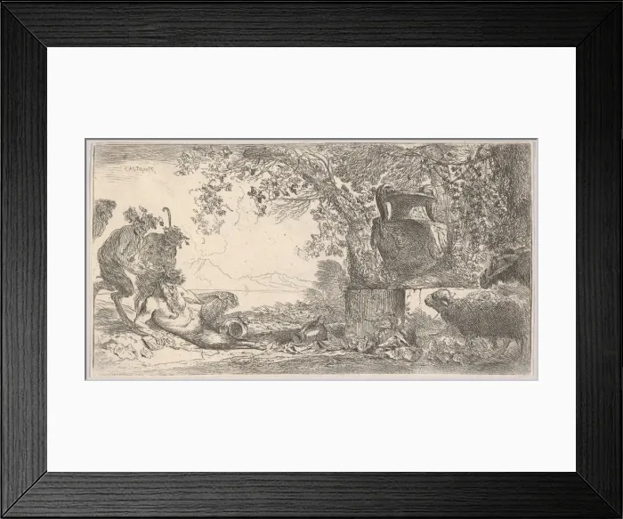 Framed Print : Pan reclining at left with two standing satyrs, a large vase on a pedestal at right, ca Framed Print : Pan reclining at left with two standing satyrs, a large vase on a pedestal at right, ca