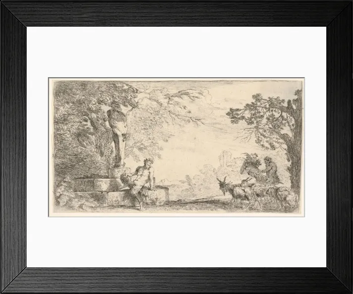 Framed Print : A satyr reclining at the foot of a staute of Priapus, goats at the right, ca. 1645-48 Framed Print : A satyr reclining at the foot of a staute of Priapus, goats at the right, ca. 1645-48