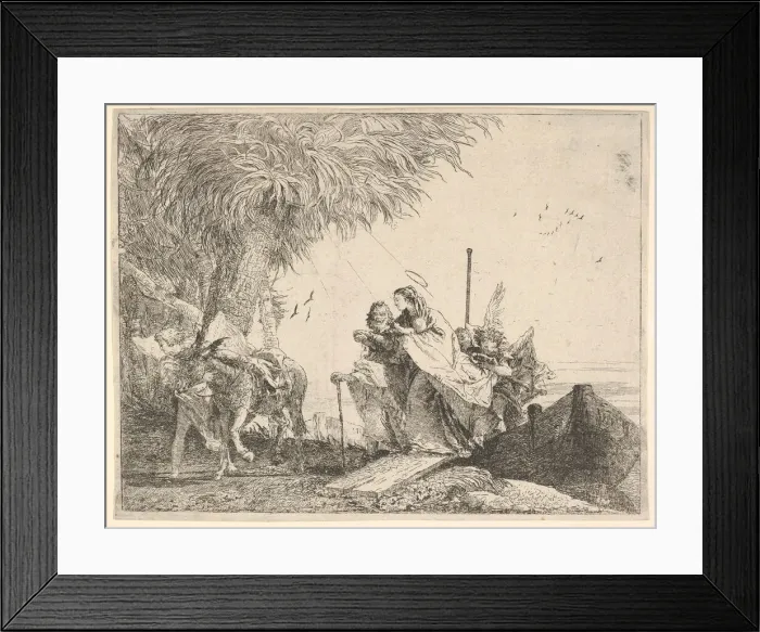 Framed Print : Mary, helped by Joseph and an angel, stepping from a boat to the shore Framed Print : Mary, helped by Joseph and an angel, stepping from a boat to the shore