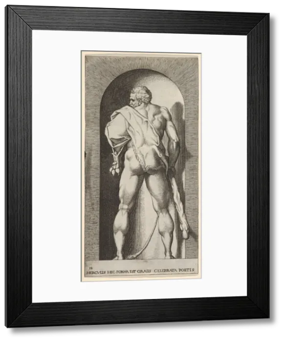 Framed Print : Plate 15: Hercules standing in a niche, wearing a lion skin and holding a club Framed Print : Plate 15: Hercules standing in a niche, wearing a lion skin and holding a club