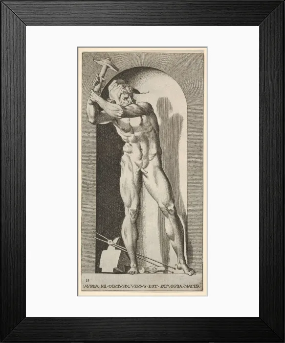 Framed Print : Plate 19: Vulcan standing in a niche swinging a hammer, with an anvil, hammer Framed Print : Plate 19: Vulcan standing in a niche swinging a hammer, with an anvil, hammer