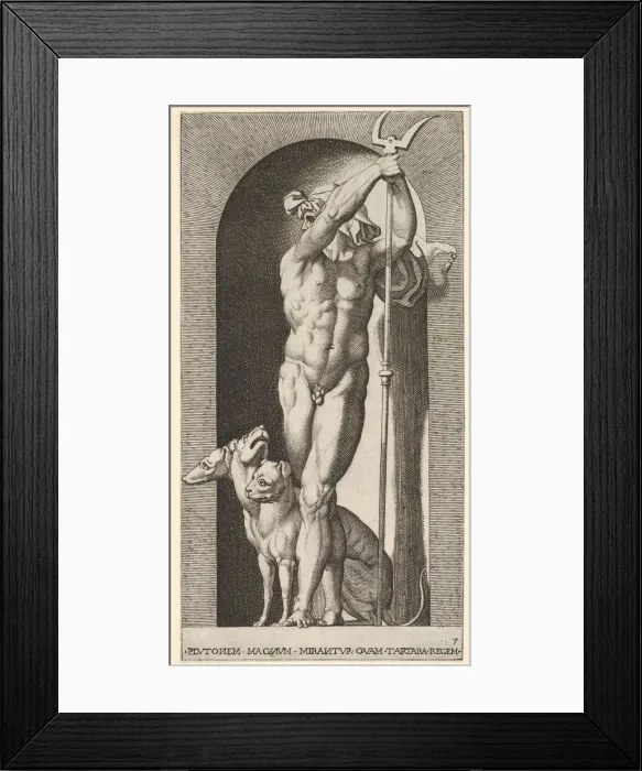 Framed Print : Plate 7: Pluto in a niche, holding a bident, with Cerberus next to him Framed Print : Plate 7: Pluto in a niche, holding a bident, with Cerberus next to him