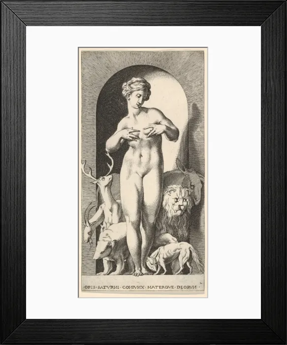 Framed Print : Plate 2: Ops standing in a niche with her hands at her breasts, looking to her left