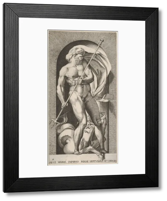 Framed Print : Plate 5: Neptune standing in a niche holding a trident, with a hippocampus (sea-horse Framed Print : Plate 5: Neptune standing in a niche holding a trident, with a hippocampus (sea-horse