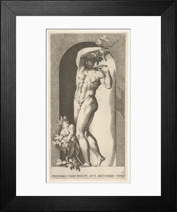Framed Print : Plate 17: Bacchus standing in a niche, holding grapes over a plate Framed Print : Plate 17: Bacchus standing in a niche, holding grapes over a plate