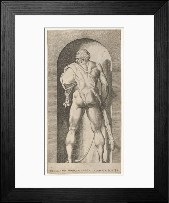Framed Print : Plate 15: Hercules standing in a niche, wearing a lion skin and holding a club Framed Print : Plate 15: Hercules standing in a niche, wearing a lion skin and holding a club