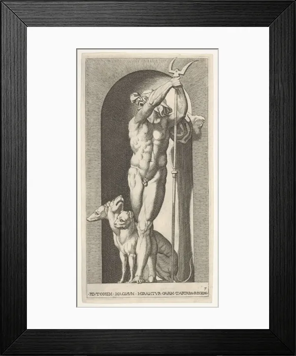 Framed Print : Plate 7: Pluto in a niche, holding a bident, with Cerberus next to him Framed Print : Plate 7: Pluto in a niche, holding a bident, with Cerberus next to him