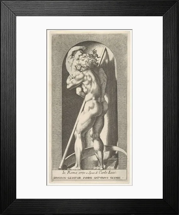 Framed Print : Plate 1: Saturn in a niche devouring his son, standing before a scythe Framed Print : Plate 1: Saturn in a niche devouring his son, standing before a scythe
