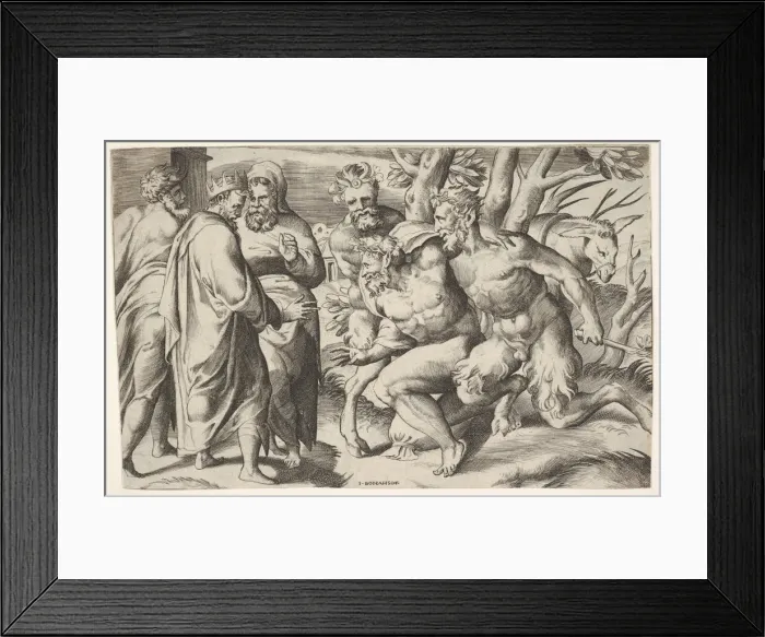 Framed Print : Two satyrs leading Silenus to King Midas, who stands at left with two male attendan Framed Print : Two satyrs leading Silenus to King Midas, who stands at left with two male attendan