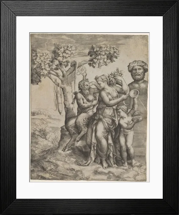 Framed Print : Pan seated near a female figure holding a cornucopia (a nymph or Pomona), at right Framed Print : Pan seated near a female figure holding a cornucopia (a nymph or Pomona), at right