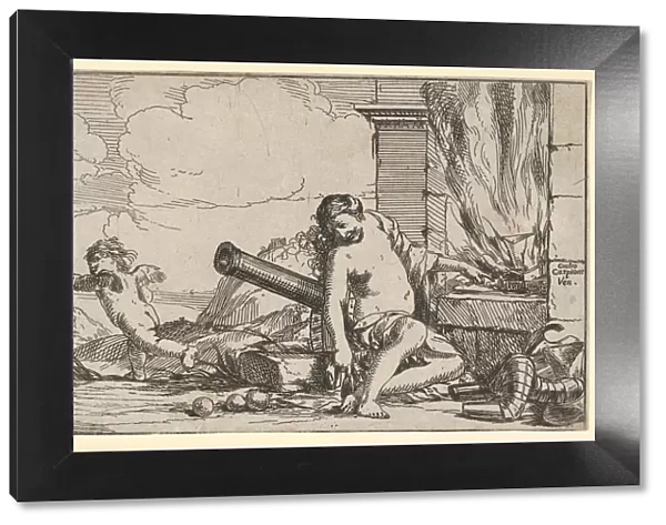 Fire, represented by Venus seated before Vulcans forge, with armor, a cannon, and cann