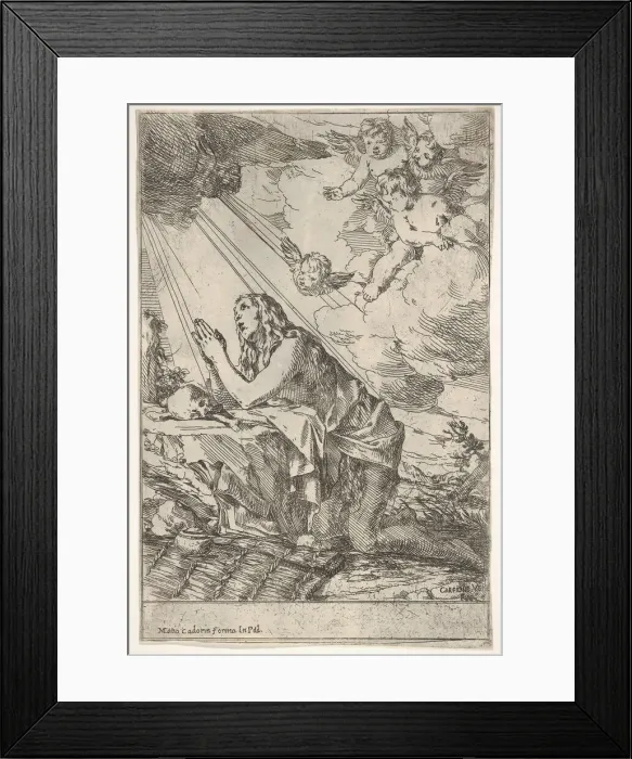 Framed Print : Penitent Magdalen kneeling on a rocky ground before a skull and bones, an ointment Framed Print : Penitent Magdalen kneeling on a rocky ground before a skull and bones, an ointment