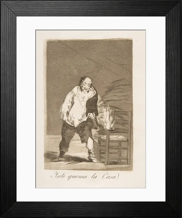 Framed Print : Plate 18 from Los Caprichos : And his house is on fire (Ysele quema la Casa. ), 1799 Framed Print : Plate 18 from Los Caprichos : And his house is on fire (Ysele quema la Casa. ), 1799