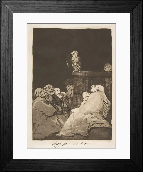 Framed Print : Plate 53 from Los Caprichos : What a golden beak! (Que pico de Oro!), 1799 Framed Print : Plate 53 from Los Caprichos : What a golden beak! (Que pico de Oro!), 1799
