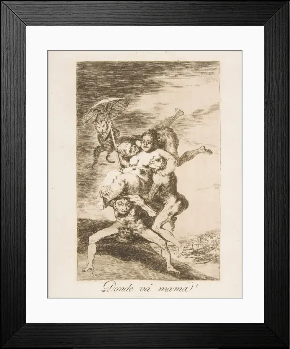 Framed Print : Plate 65 from Los Caprichos : Where is mom going? (Donde vamama?), 1799 Framed Print : Plate 65 from Los Caprichos : Where is mom going? (Donde vamama?), 1799