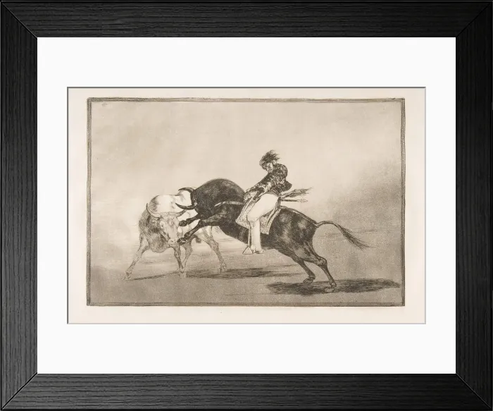 Framed Print : Plate 24 of the Tauromaquia : The same Ceballos mounted on another bull breaks short Framed Print : Plate 24 of the Tauromaquia : The same Ceballos mounted on another bull breaks short