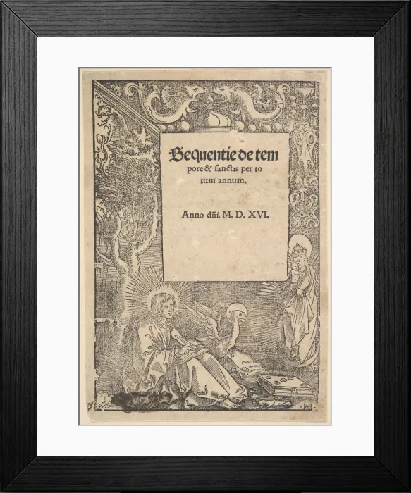 Framed Print : Saint John the Evangelist on Patmos, title page from Hymni de tempore et de sanctis, 1516 Framed Print : Saint John the Evangelist on Patmos, title page from Hymni de tempore et de sanctis, 1516