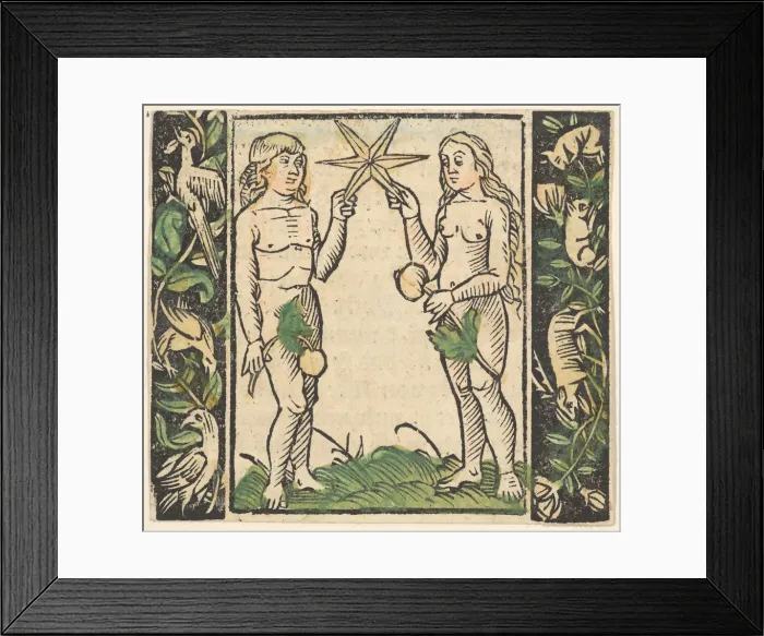 Framed Print : Adam and Eve Holding a Star, illustration from Beschlossen Gart des Rosenkranz Mariae Framed Print : Adam and Eve Holding a Star, illustration from Beschlossen Gart des Rosenkranz Mariae