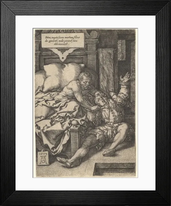 Framed Print : Judge Herkinbald Cutting the Throat of his Nephew, 1553. Creator: Heinrich Aldegrever Framed Print : Judge Herkinbald Cutting the Throat of his Nephew, 1553. Creator: Heinrich Aldegrever