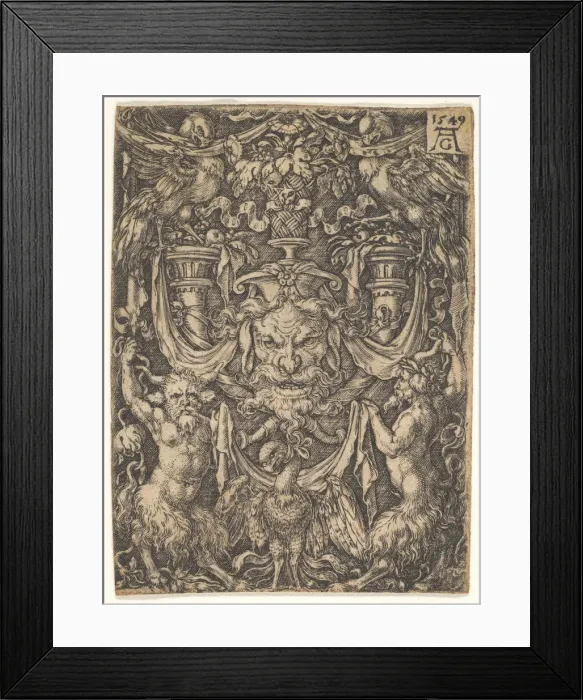 Framed Print : Ornamental Design with a Mask and an Eagle between Two Fauns below, 1549 Framed Print : Ornamental Design with a Mask and an Eagle between Two Fauns below, 1549