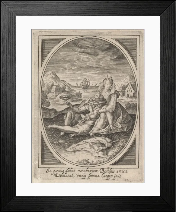 Framed Print : A couple seated on the ground, the man holding a goblet and reclining against the... ca
