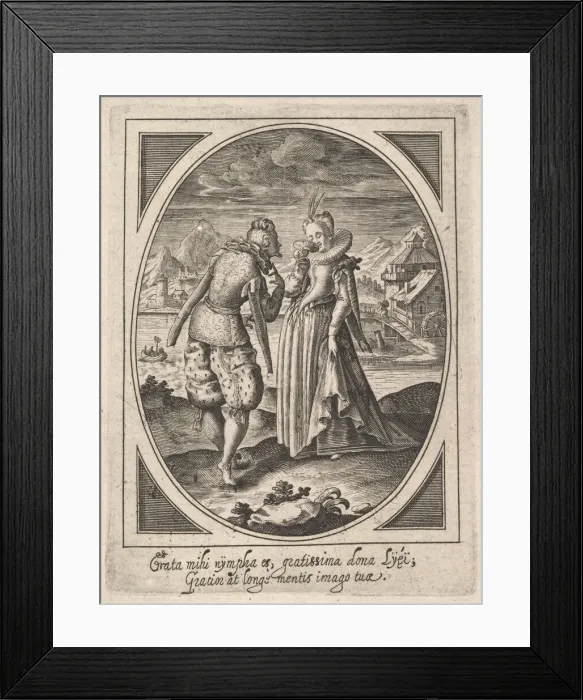 Framed Print : A man steps toward a woman who holds a goblet to her mouth, a watermill and mount... ca Framed Print : A man steps toward a woman who holds a goblet to her mouth, a watermill and mount... ca